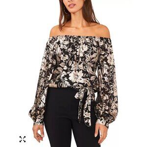 MST Women's Floral Metallic-Chiffon Balloon-Sleeve Top Size M NWT